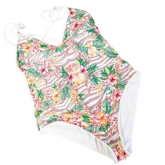 L Space Dakota One Piece Tropical Print Swimsuit Strappy V-Neck Open Back Beach - Picture 1 of 8